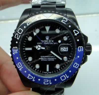 Solid Black Rolex GMT Master II Watch / Black & Blue Ceramic Bezel